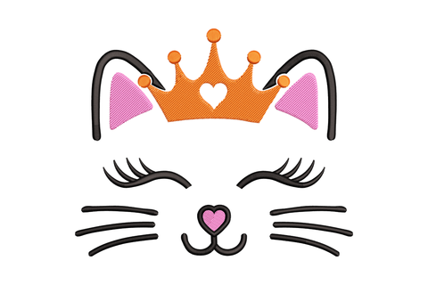 Princess cat face embroidery with arched ear lines, pink ear fills, orange crown with heart cutout, lash eyes and pink heart nose, no head outline.
