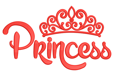 Princess tiara crown with three jewelled peaks and gem-studded base band, single-colour satin outline embroidery design on white cotton fabric.