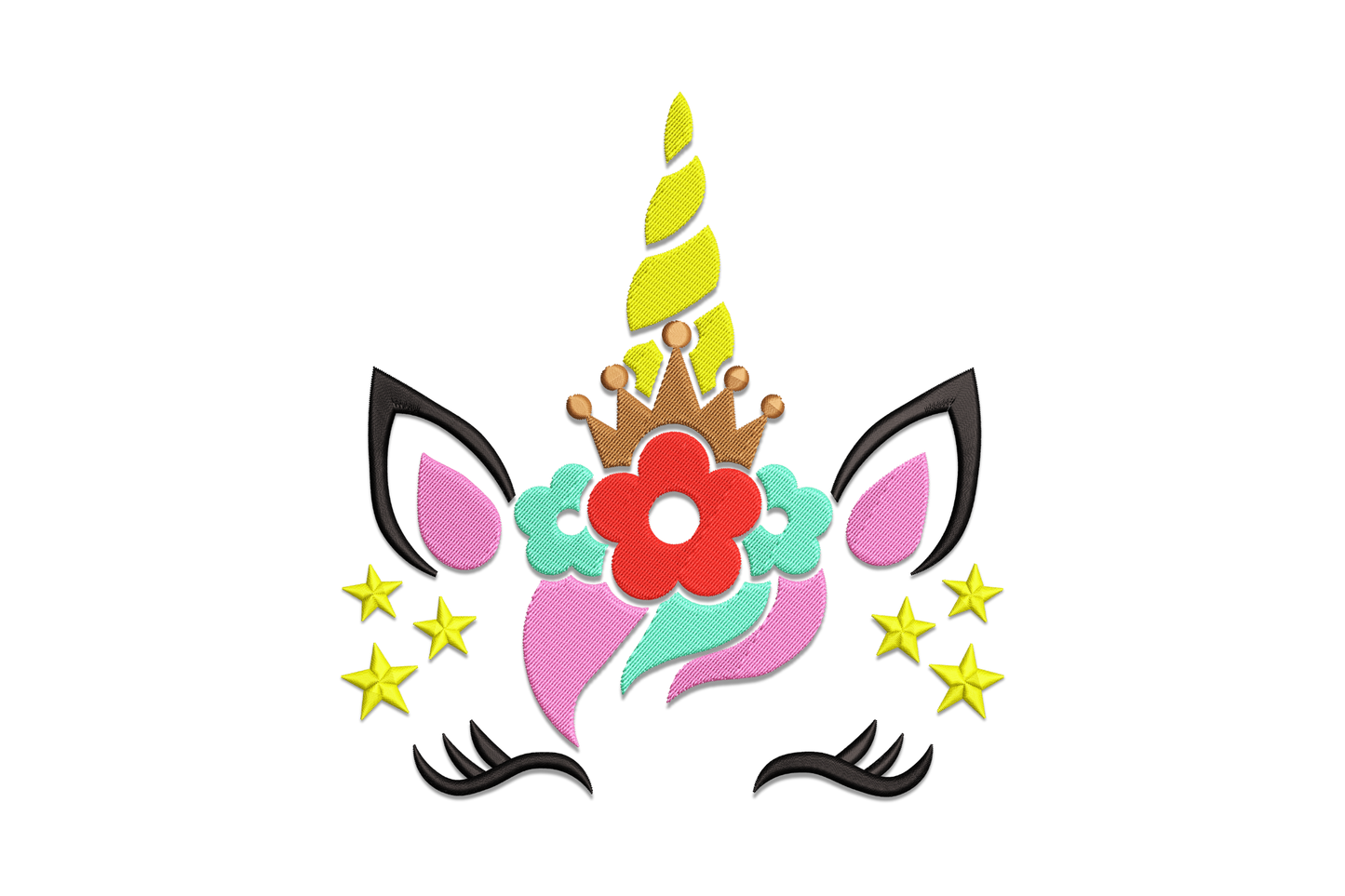 Princess unicorn face embroidery design with lime horn gold crown red flower teal cloud wreath pink cheeks and gold stars