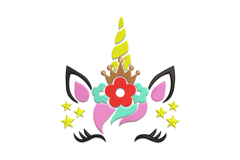 Princess unicorn face embroidery design with lime horn gold crown red flower teal cloud wreath pink cheeks and gold stars