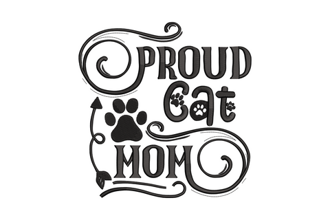 Proud cat mom single colour word art embroidery with swirl flourishes, paw prints and vintage typography stacked quote design