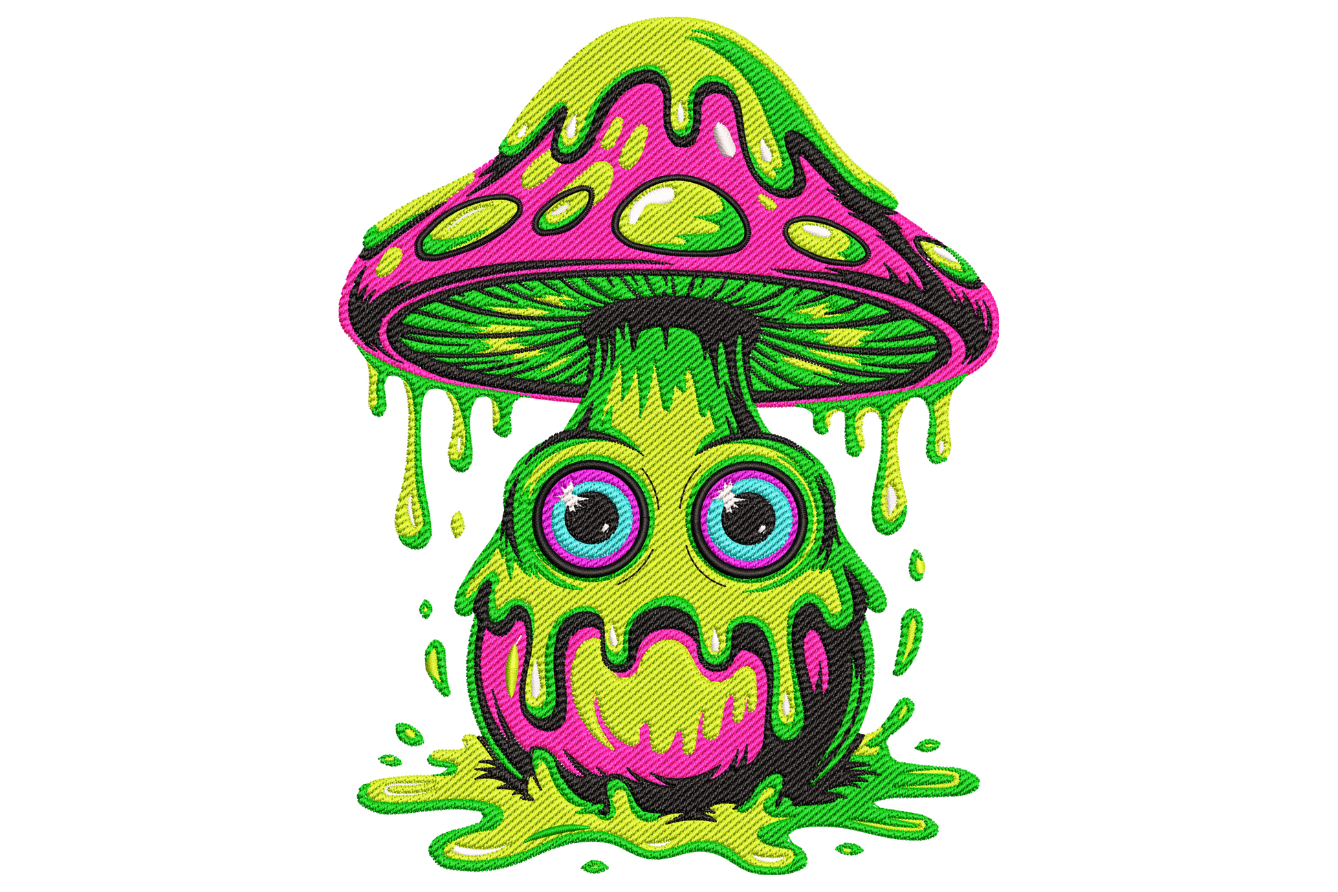 Psychedelic dripping mushroom creature with pink cap green slime body and big eyes