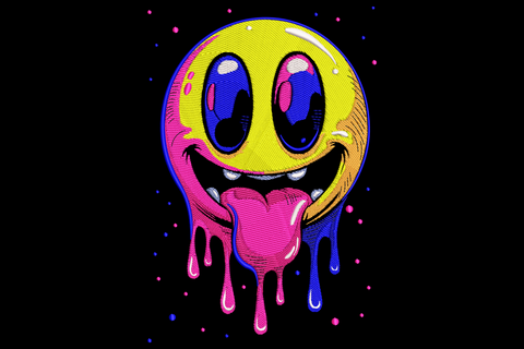Melting psychedelic yellow smiley face with warped white eyes, blue outline and hot pink drips running from the mouth.