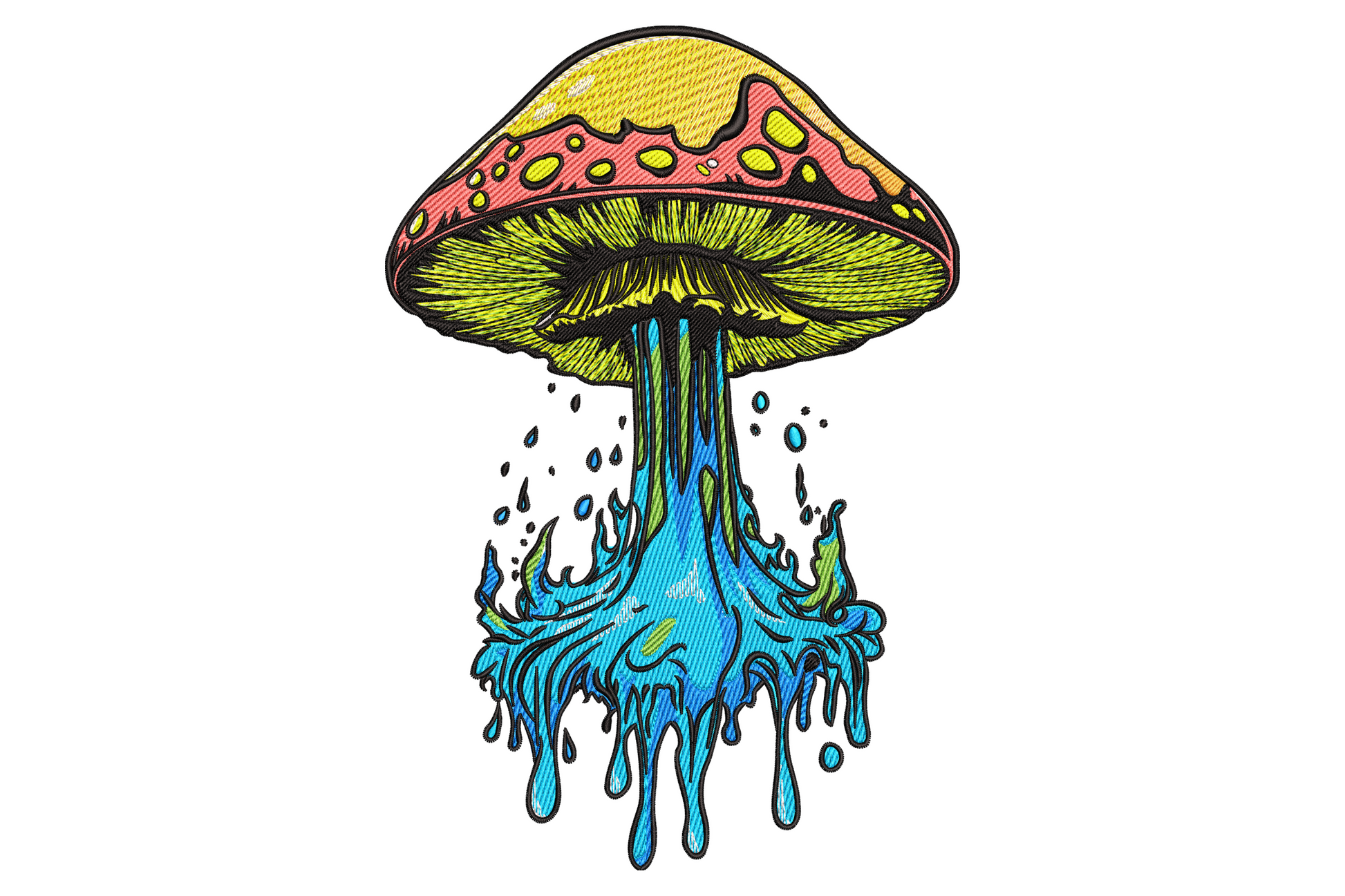 Psychedelic embroidery of a yellow gilled mushroom with a pink dotted cap melting into aqua and cyan dripping liquid below.