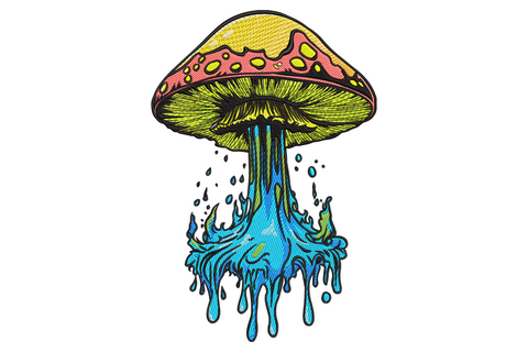Psychedelic embroidery of a yellow gilled mushroom with a pink dotted cap melting into aqua and cyan dripping liquid below.