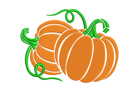 Pumpkin duo embroidery design with two harvest pumpkins in orange and tangerine with sage green stems, fall Thanksgiving machine embroidery pattern 4 sizes.