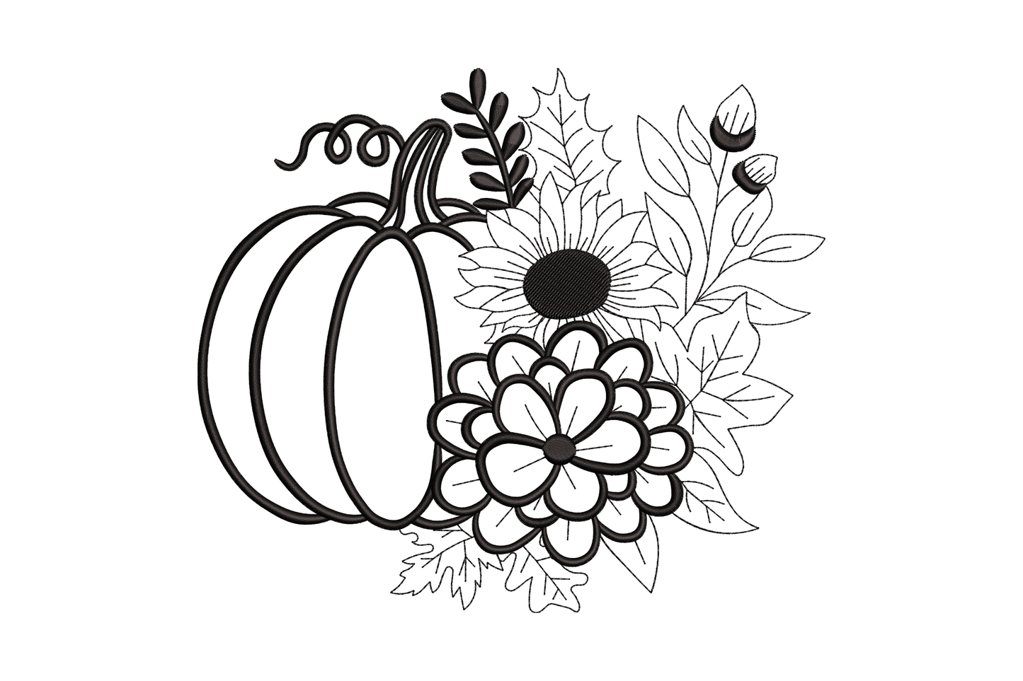 Pumpkin floral line art embroidery design, single black thread outline with sunflower, daisy and leaves, fall botanical style
