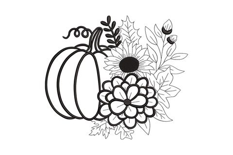 Pumpkin floral line art embroidery design, single black thread outline with sunflower, daisy and leaves, fall botanical style