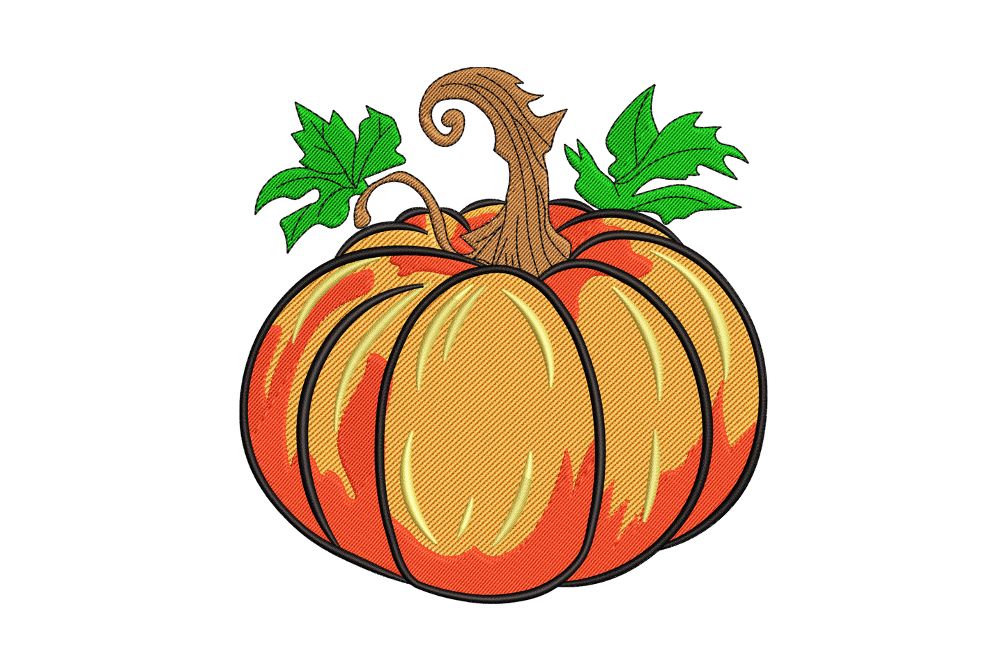 Pumpkin harvest embroidery design, 6 colours including tangerine orange terracotta and yellow highlights, 5 sizes 2-6 inches, realistic filled design, Wilcom EmbroideryStudio.