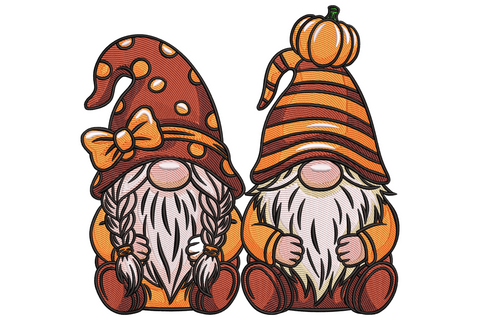 Fall gnome couple embroidery design, seated pair with polka-dot hat and orange bow beside striped hat with pumpkin top, cream beards.