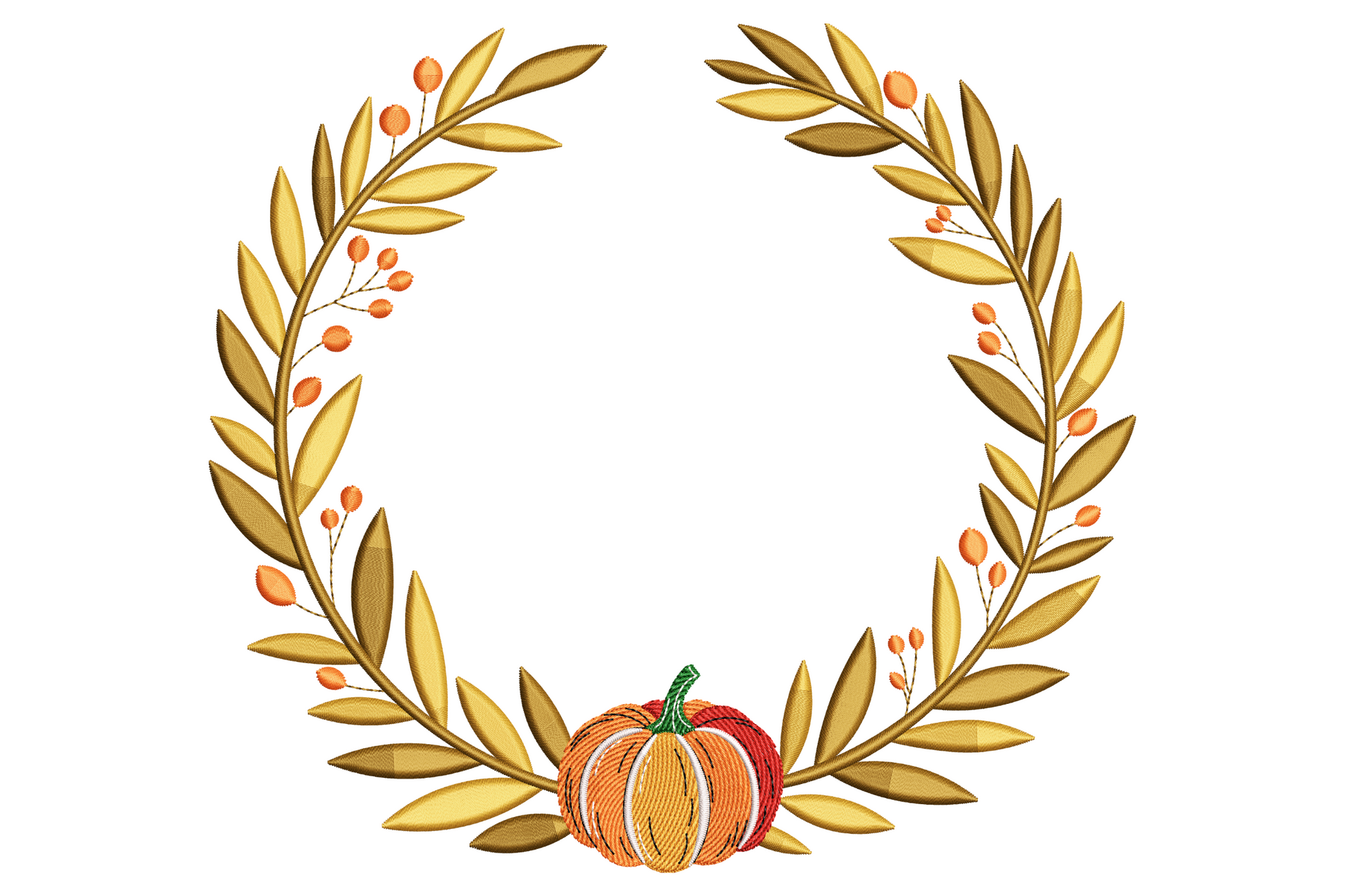 Pumpkin inside symmetrical laurel wreath embroidery design, warm orange pumpkin with sage green leaf arc, eight colour fall botanical machine embroidery