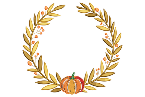 Pumpkin inside symmetrical laurel wreath embroidery design, warm orange pumpkin with sage green leaf arc, eight colour fall botanical machine embroidery