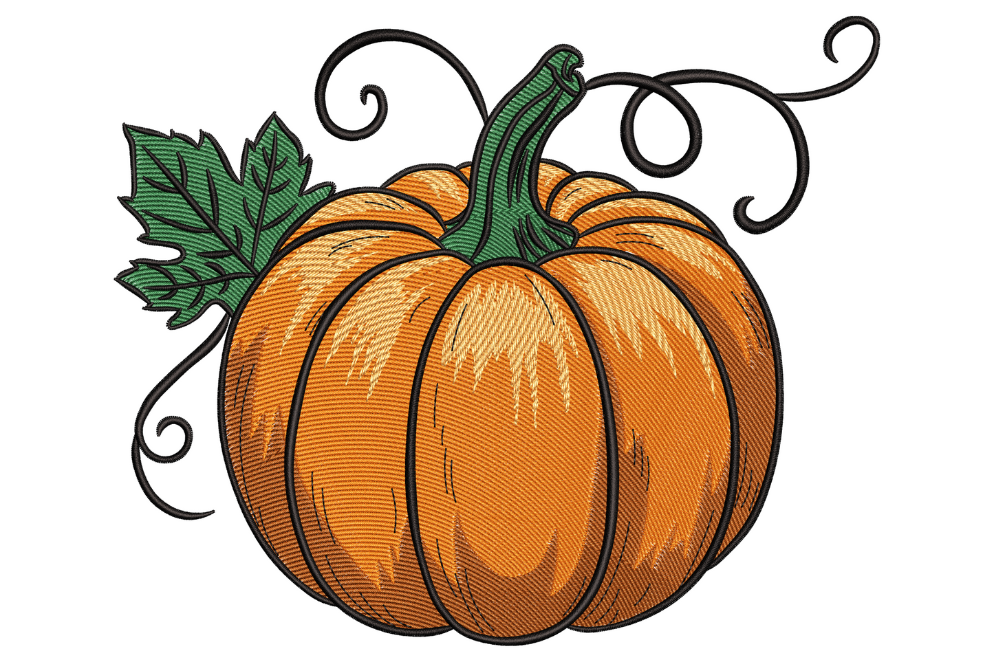 Classic orange pumpkin embroidery design with sketchy ribbing curly tendril vines and a single green leaf on white background