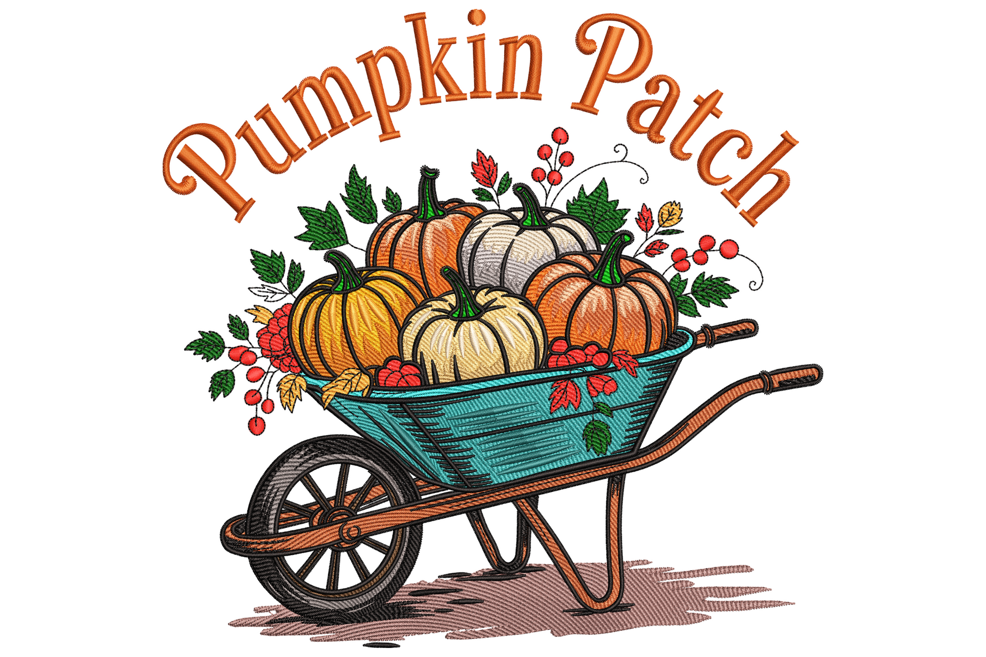 Pumpkin patch wheelbarrow embroidery design, rustic wooden wheelbarrow overflowing with autumn pumpkins in warm orange and brown tones, 3.4 inches wide.