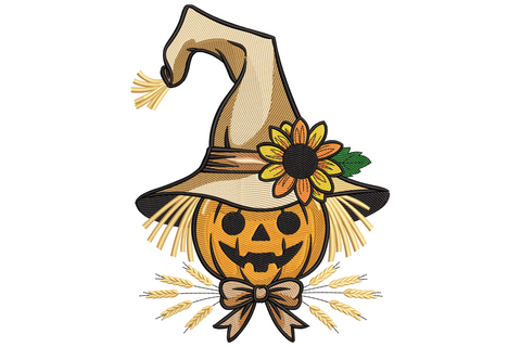 Pumpkin scarecrow embroidery design with witch hat, sunflower brim, straw burst and brown bow in autumn orange and cream.