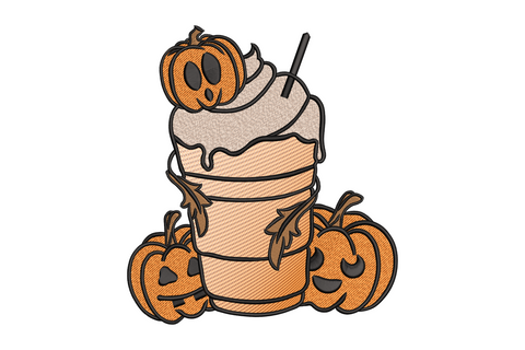 Pumpkin spice latte halloween embroidery design with stacked coffee cup jack-o-lanterns and whipped cream in orange brown cream and black