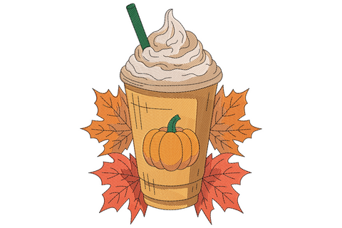 Pumpkin spice latte embroidery design, tall iced cup with whipped cream and autumn maple leaves wreath in orange and caramel tones.