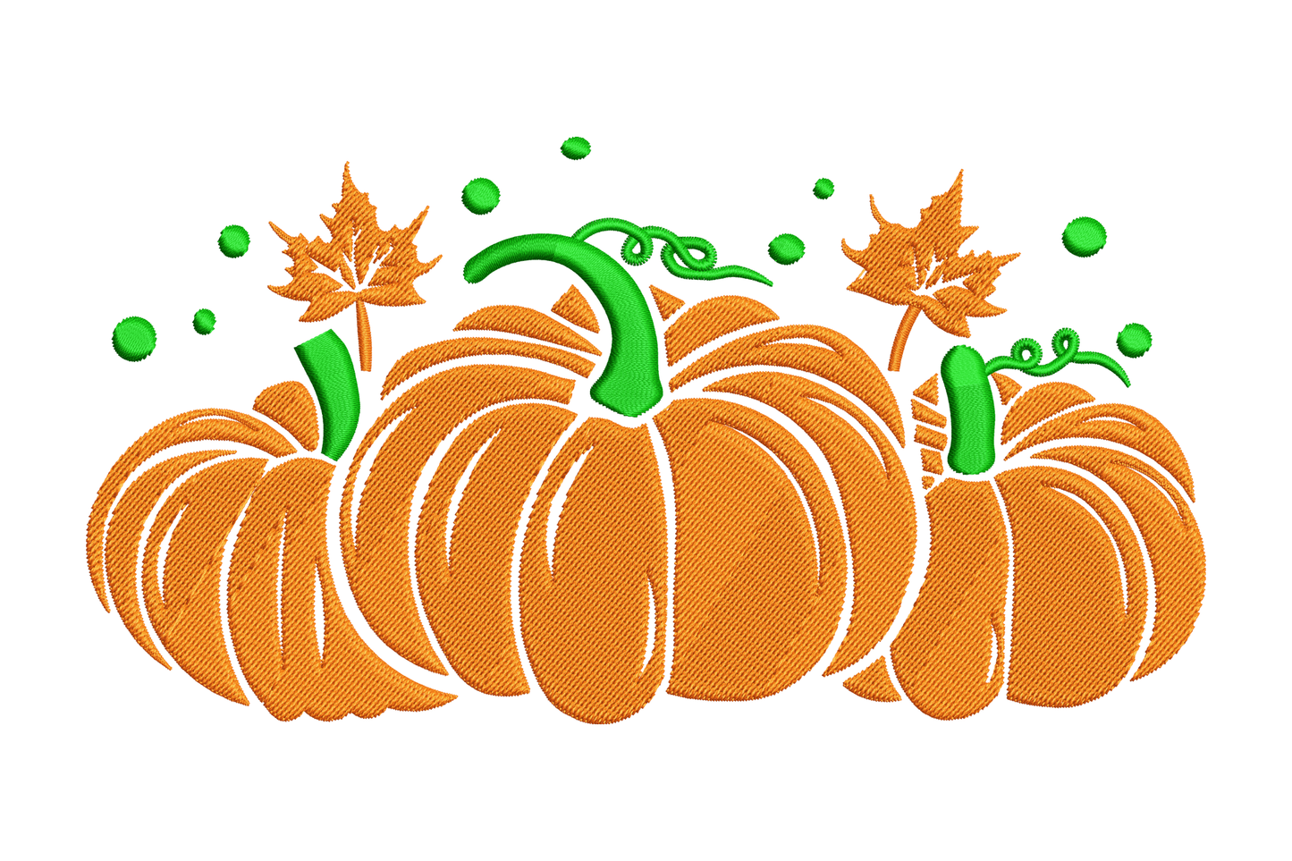 Pumpkin trio fall embroidery design with three plump orange pumpkins, green curling stems, autumn maple leaves and small berries in a harvest cluster.