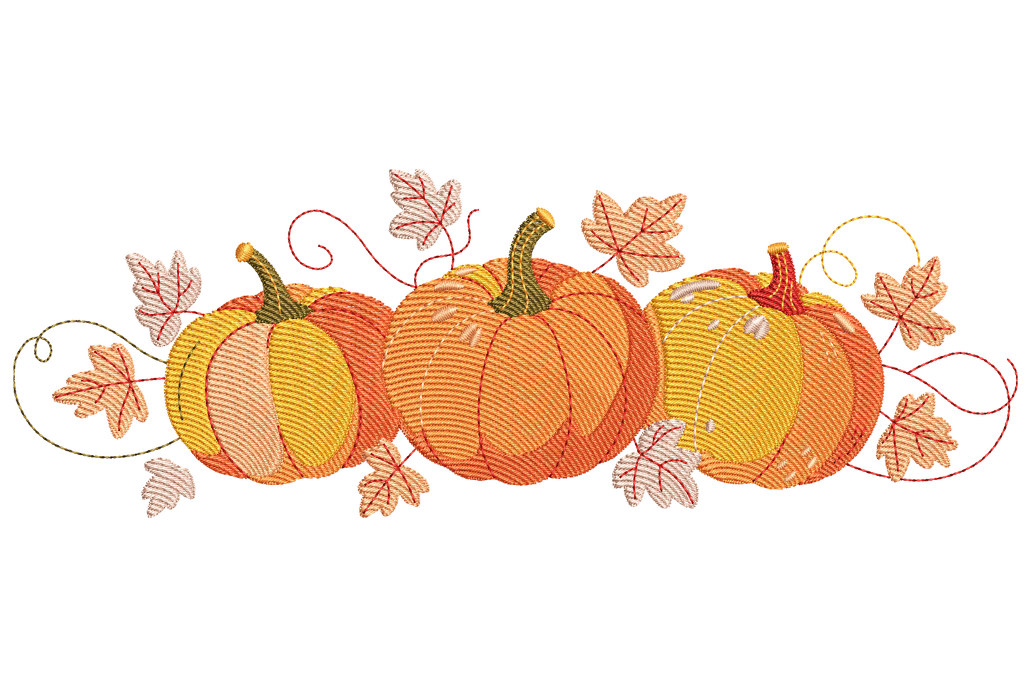 Pumpkin trio embroidery with autumn maple leaves and vine tendrils in warm orange, peach and dark red on white fabric.