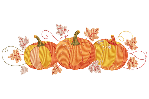 Pumpkin trio embroidery with autumn maple leaves and vine tendrils in warm orange, peach and dark red on white fabric.