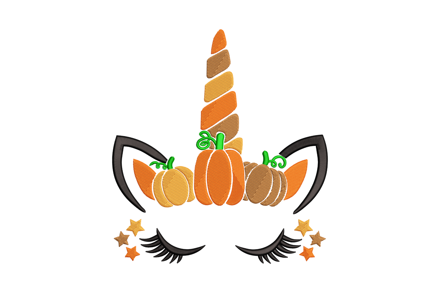 Pumpkin unicorn face embroidery design, pumpkin with spiral horn and rainbow mane in 5 colours on pastel pink onesie