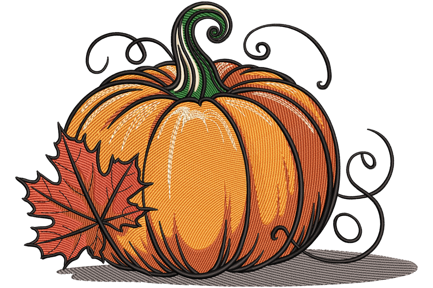 Illustrated autumn pumpkin embroidery design with curling vines, maple leaf, and grey drop shadow in warm orange, green and dusty red thread colours.