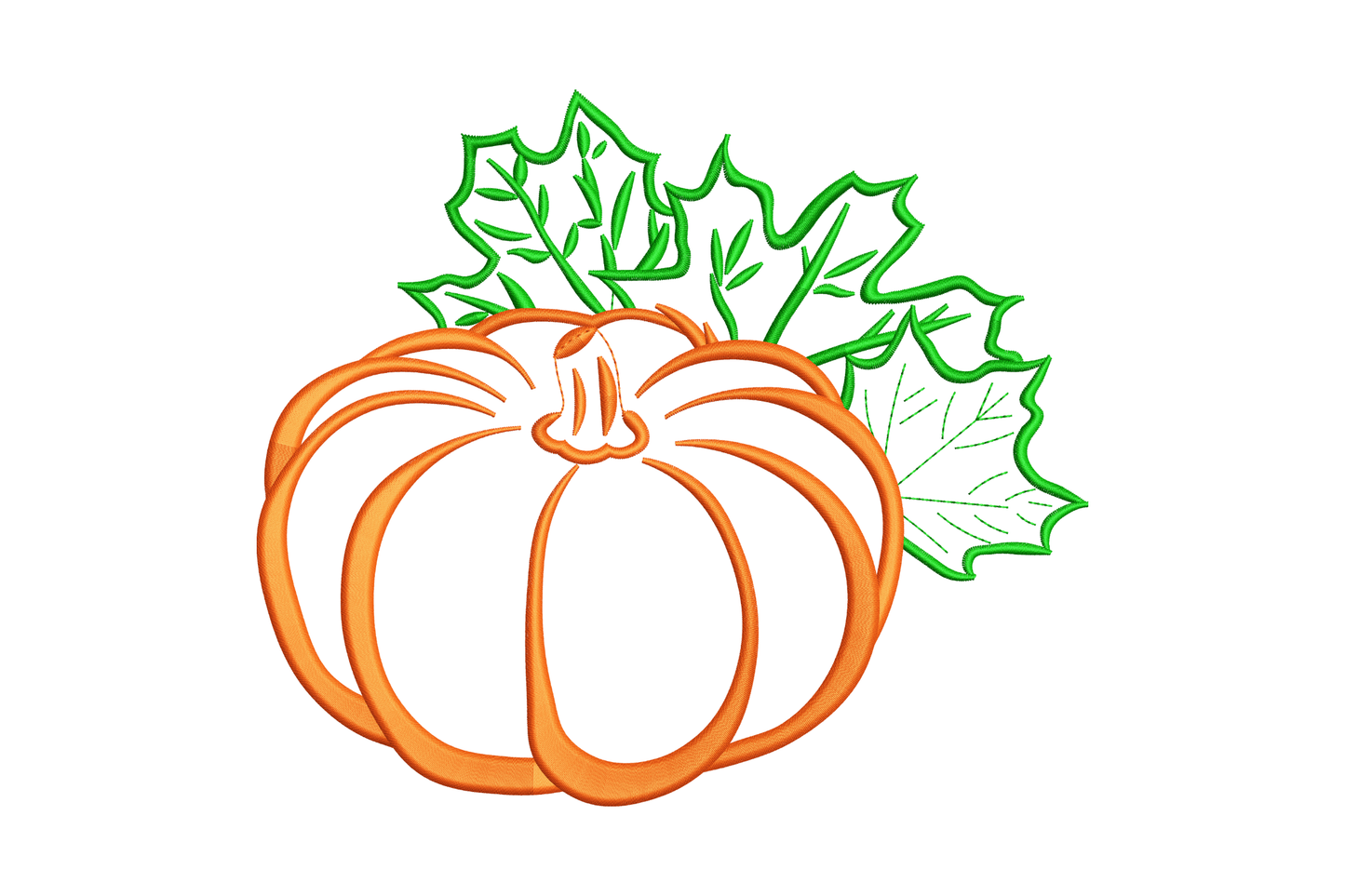 Pumpkin with autumn leaves embroidery design, rust orange pumpkin and dark green leaf cluster, 5 sizes 2.6-6 inches, 2 colours, Wilcom EmbroideryStudio.