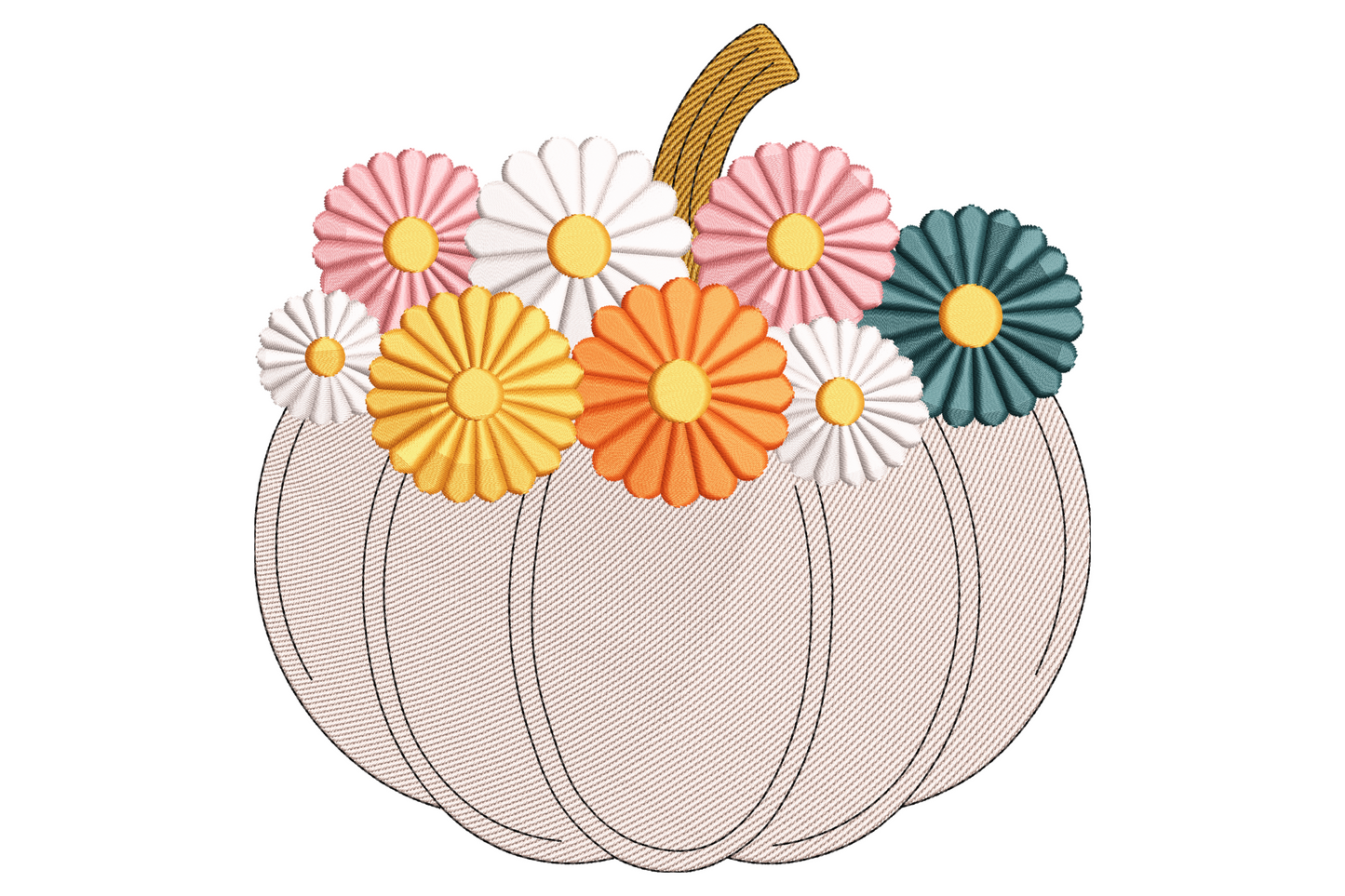 Round pumpkin with daisy flowers embroidery design, orange and white blooms on autumn harvest botanical illustration, 8 colour machine embroidery