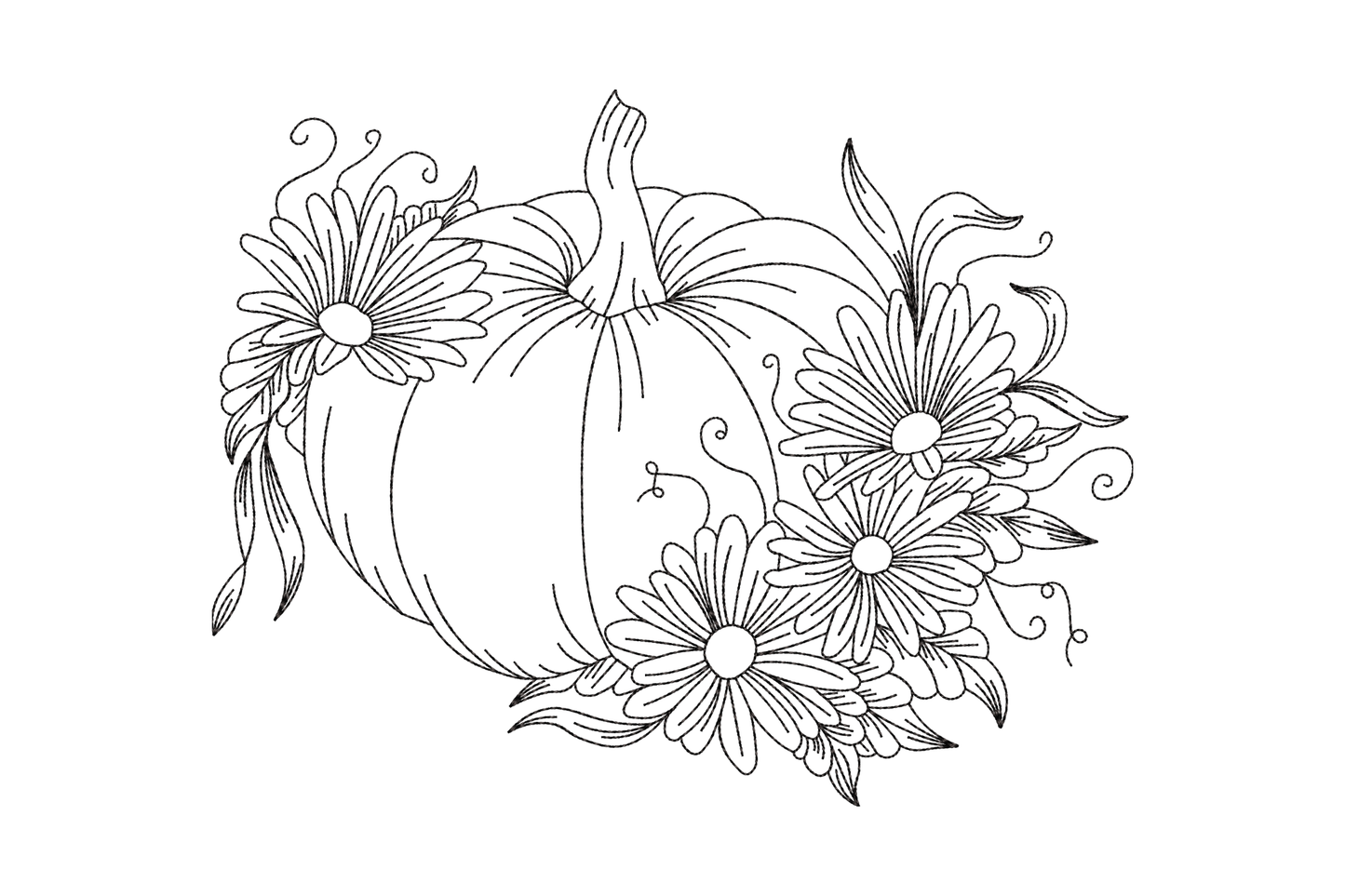 Pumpkin with flowers embroidery design, black line-art daisy cluster and pumpkin outline, machine embroidery pattern for totes and linen decor.