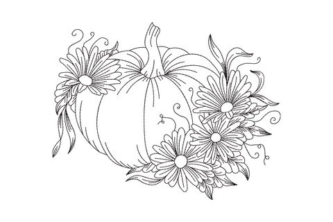 Pumpkin with flowers embroidery design, black line-art daisy cluster and pumpkin outline, machine embroidery pattern for totes and linen decor.