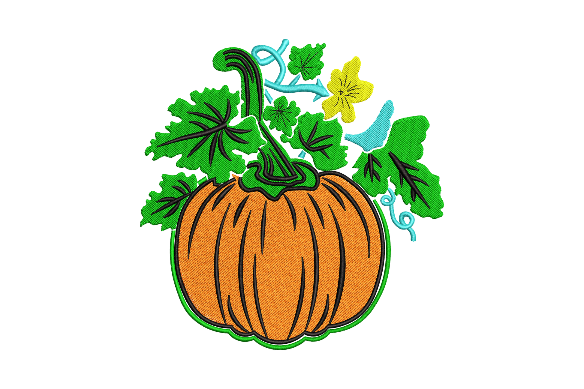 Pumpkin embroidery design with vine leaves, curled tendrils and yellow flower in orange, green, aqua and black on white.