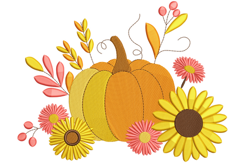 Pumpkin and fall flowers embroidery design with sunflowers, pink daisies, wheat and curling tendrils in autumn colours.