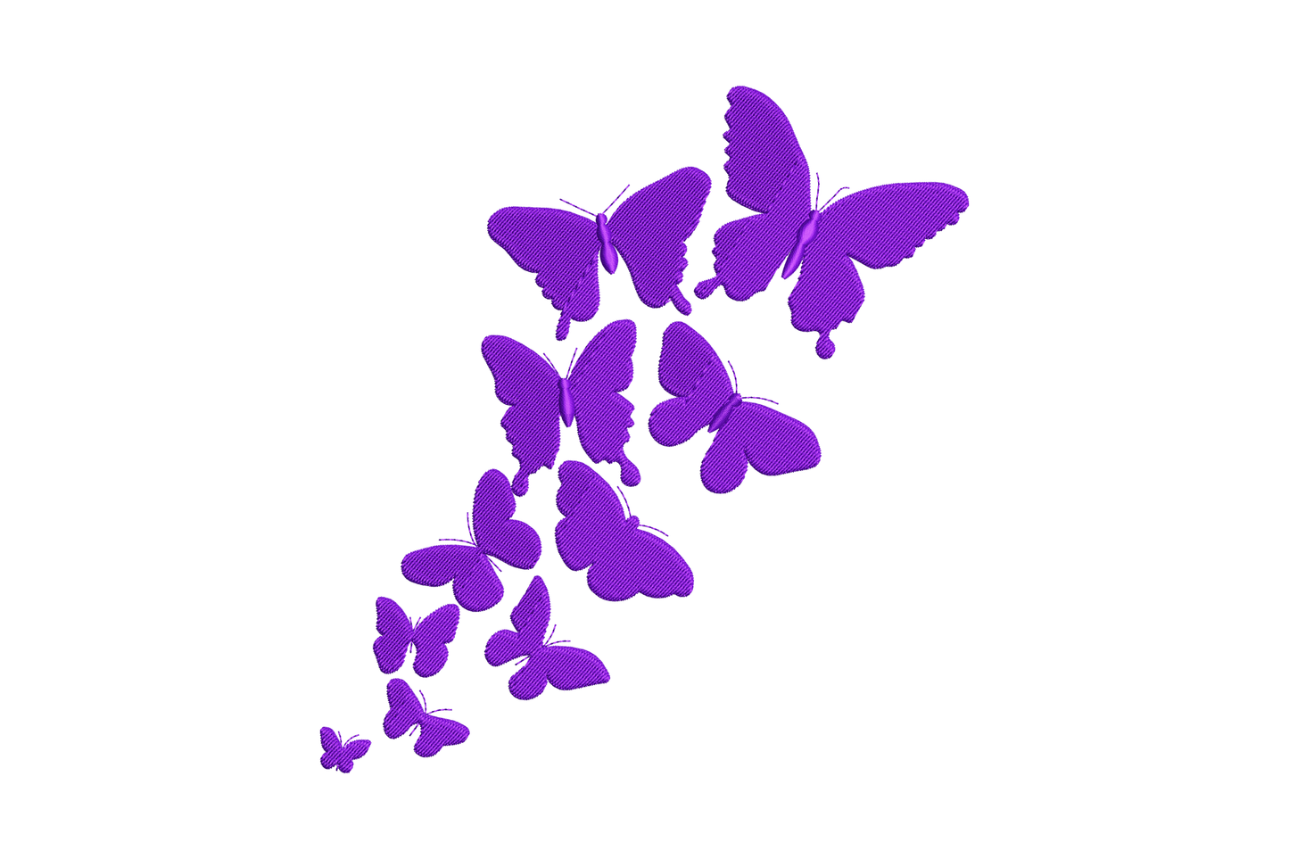 Purple butterfly flight embroidery design, nine solid purple butterfly silhouettes in ascending diagonal trail, single colour