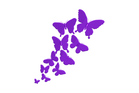 Purple butterfly flight embroidery design, nine solid purple butterfly silhouettes in ascending diagonal trail, single colour
