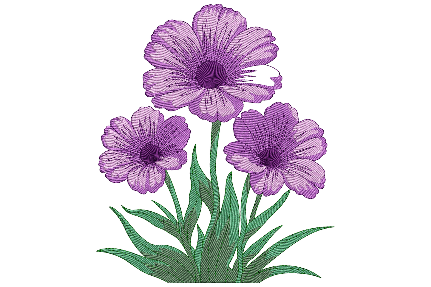 Cluster of four purple daisy flowers with dark plum centres, sage stems and pointed green leaves embroidery design.