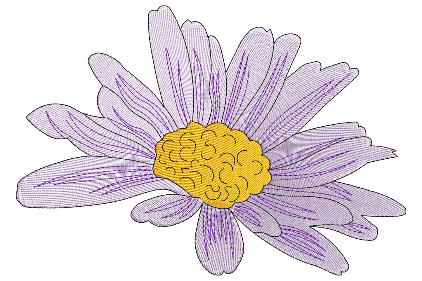 Purple daisy flower embroidery design with lavender petals fanning from centre, golden orange dome and dark purple accent ring.