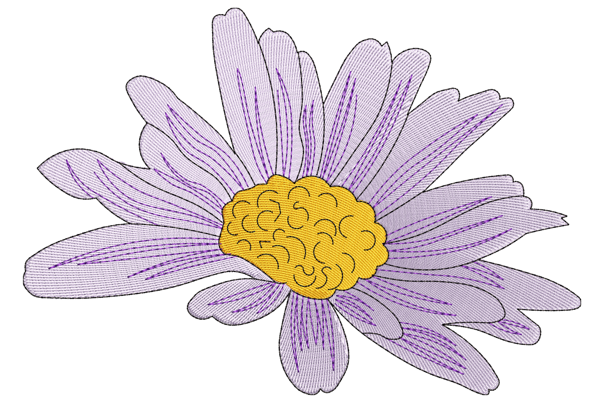 Purple daisy flower embroidery design with lavender petals fanning from centre, golden orange dome and dark purple accent ring.