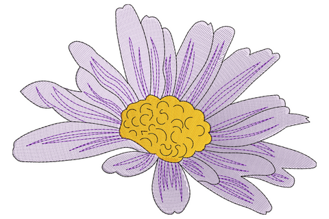 Purple daisy flower embroidery design with lavender petals fanning from centre, golden orange dome and dark purple accent ring.