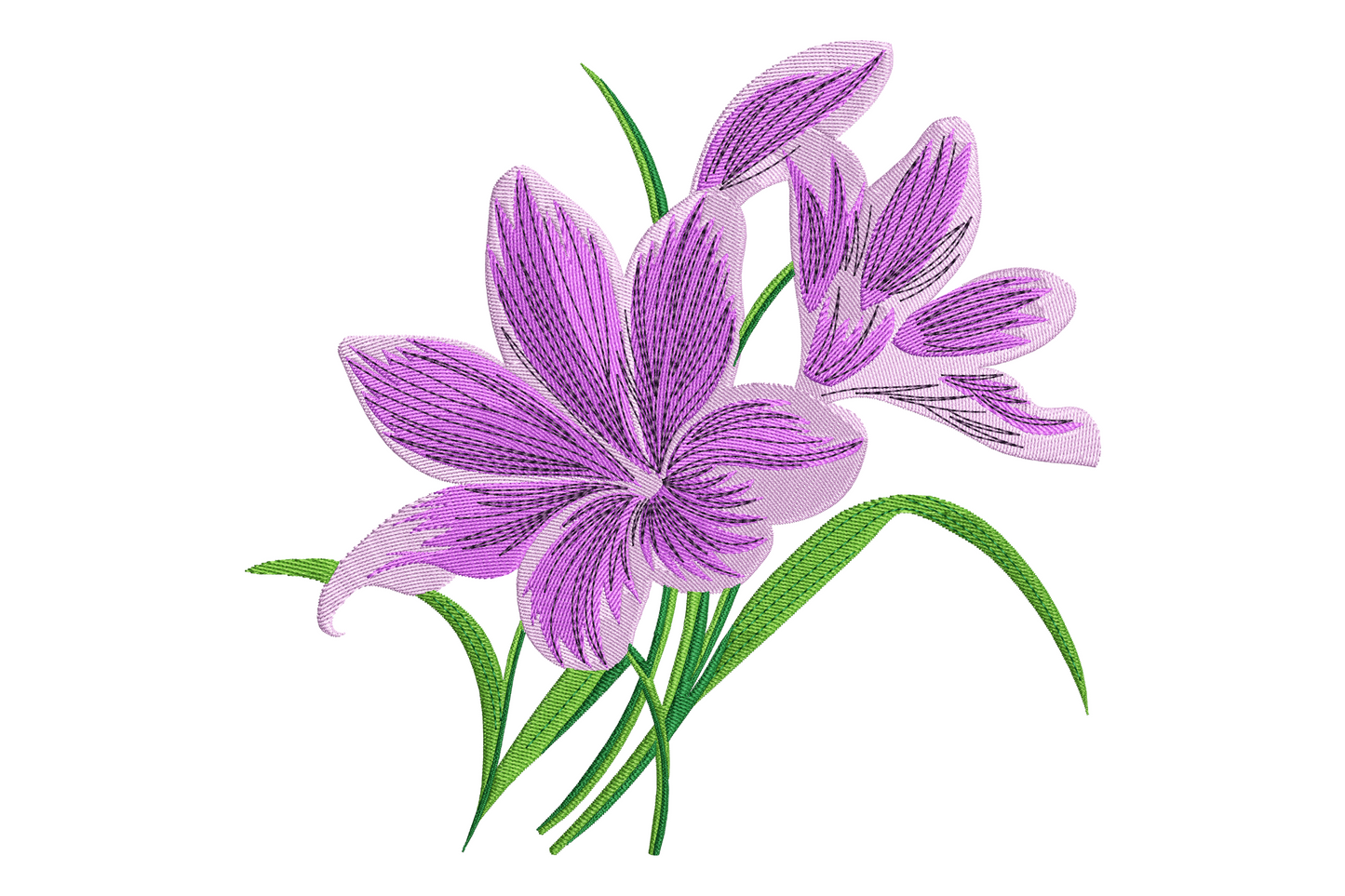 Embroidery of three open purple lily blossoms with lilac to magenta petals and slim green leaves