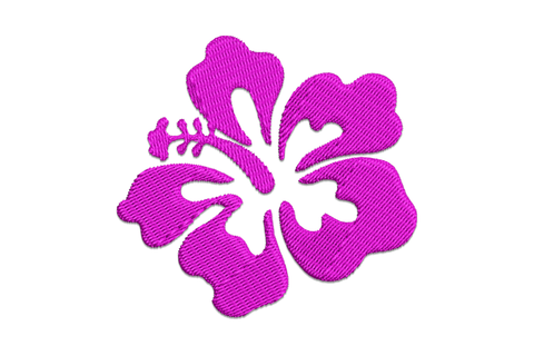 Purple hibiscus flower embroidery with broad overlapping satin petals and long protruding stamen, 1 colour, 7 sizes.