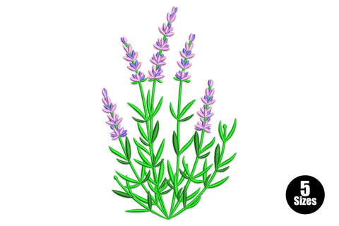 Purple lavender flower embroidery design with a cluster of botanical lavender sprigs, blue-violet and lilac floret spikes on bright green stems.