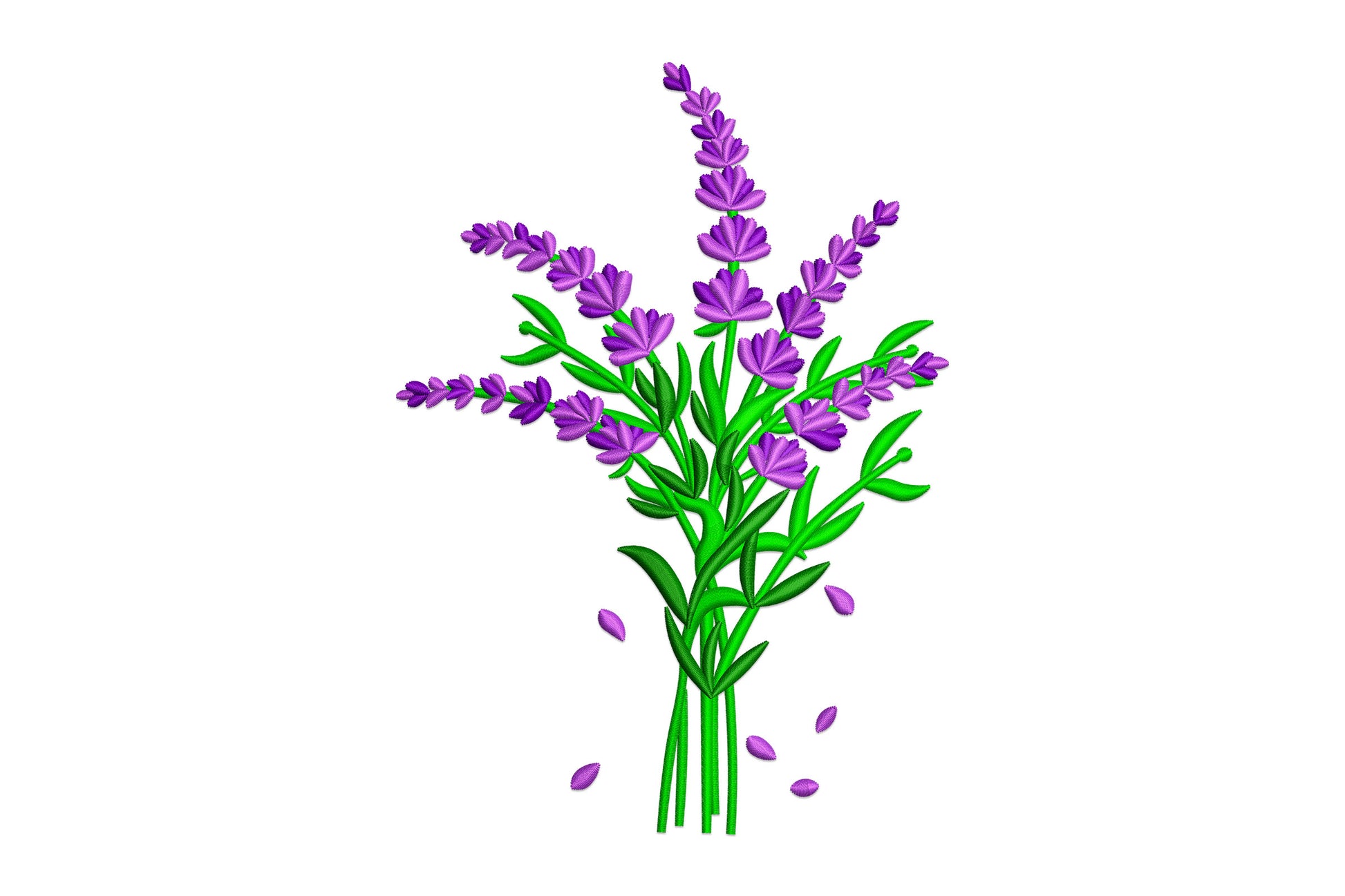 Purple lavender stems embroidery design with vivid violet florets fanning out in a loose bouquet on bright green stems, scattered petal drops at the base.