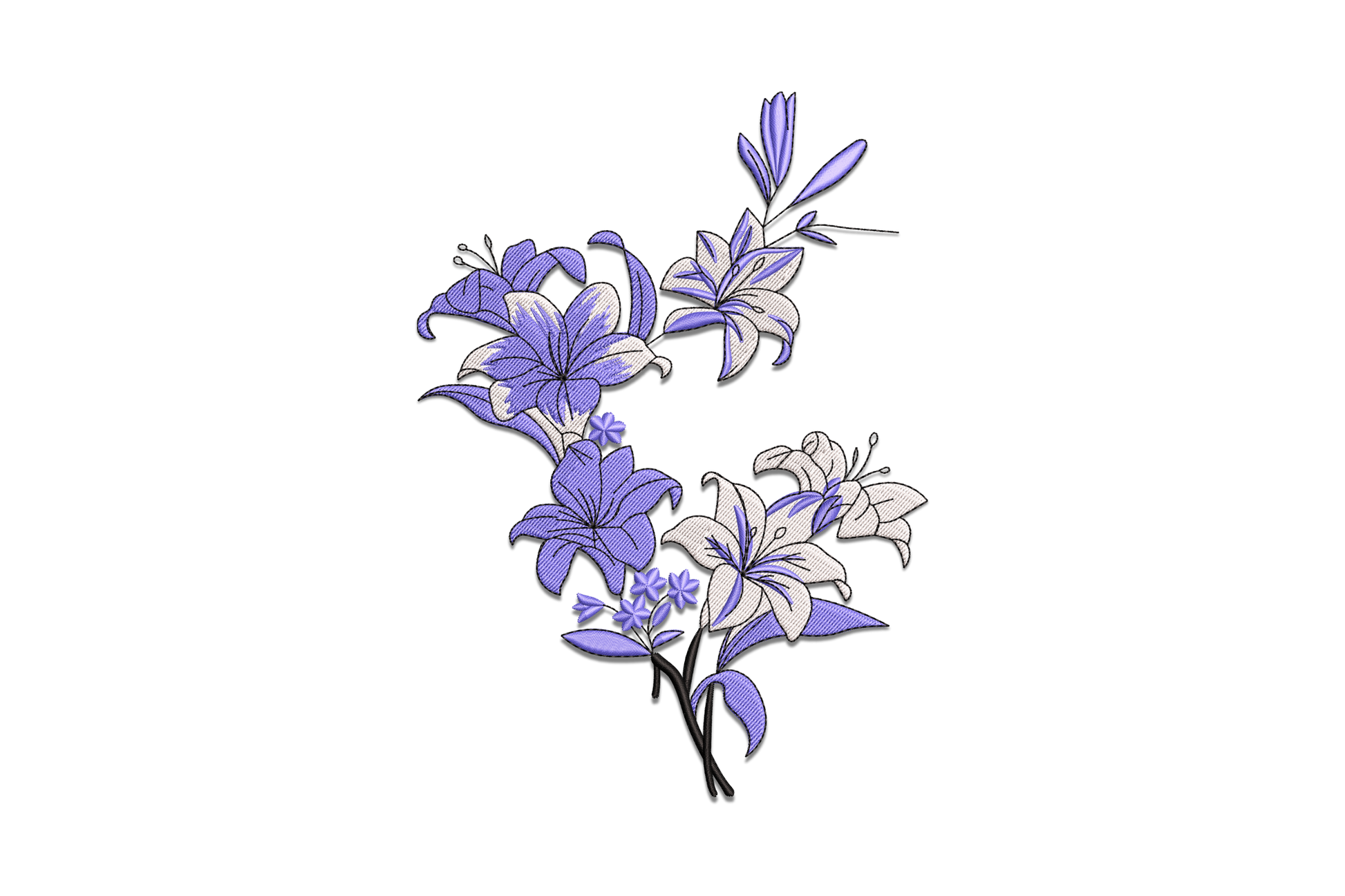 Purple lily floral embroidery with powder blue trumpet blooms, white petal centres and black outlines on a cascading botanical bouquet.