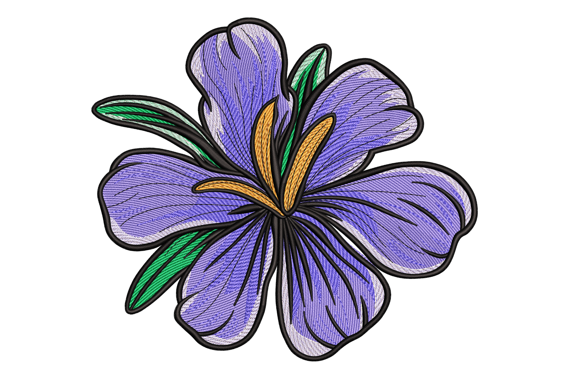 Purple iris lily embroidery with wide lavender petals, directional satin fills, gold stamens and thick black outlines.