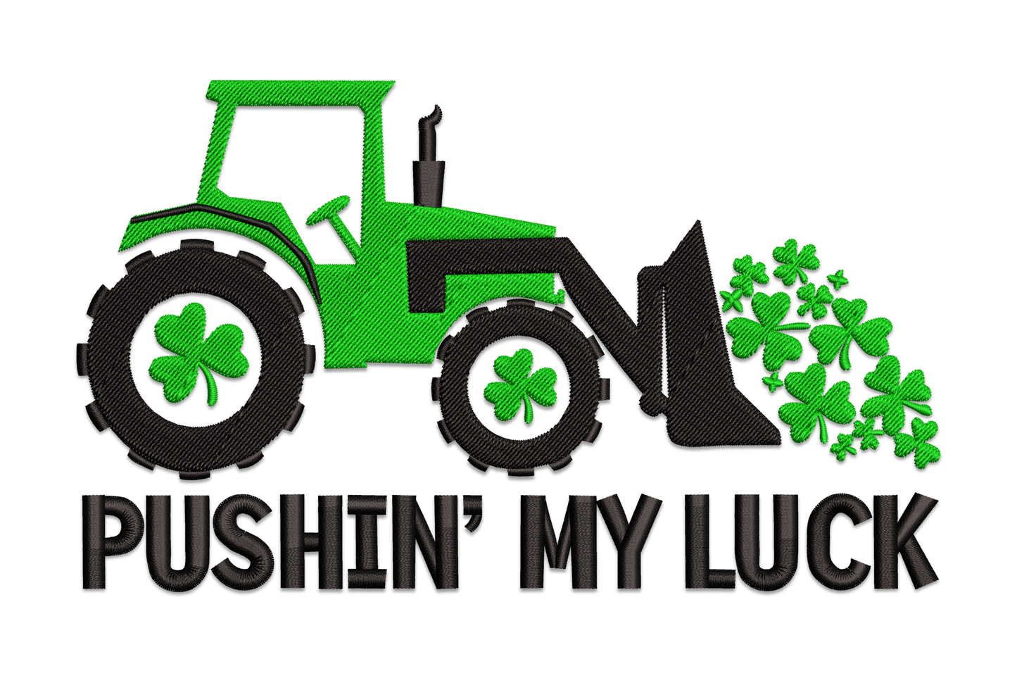 Pushin My Luck tractor embroidery design, side-on cartoon tractor with shamrocks in two colours on white background