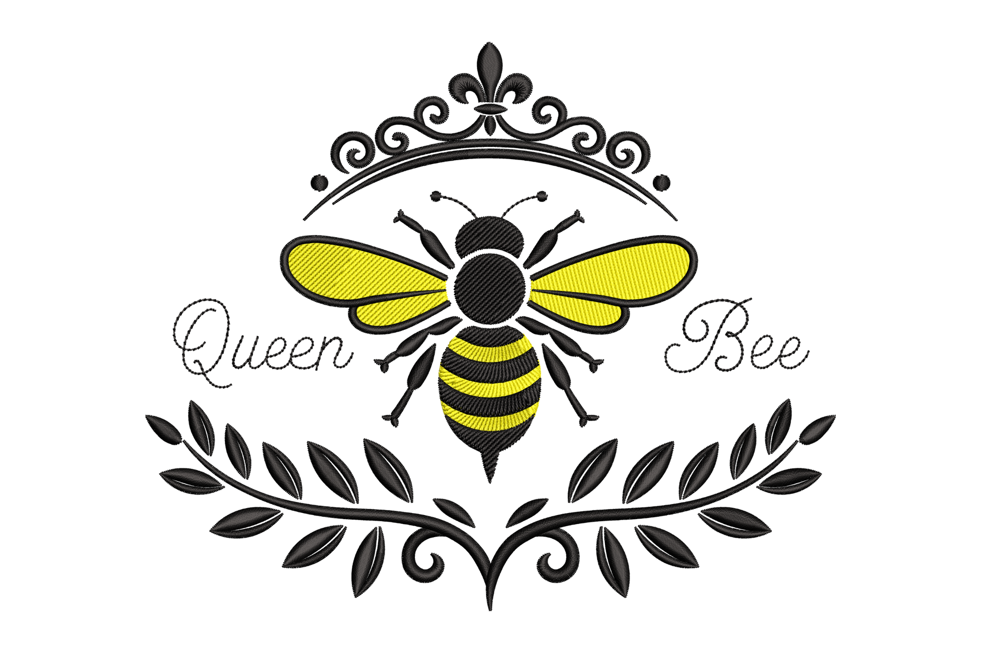 Logo of a bee with 'Queen Bee' text and decorative elements embroidery design