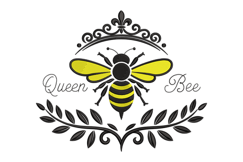 Logo of a bee with 'Queen Bee' text and decorative elements embroidery design