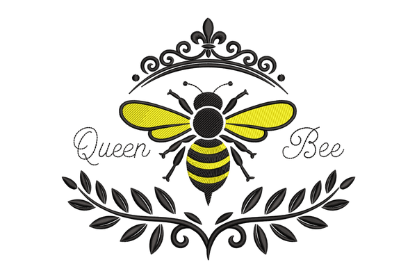 Logo of a bee with 'Queen Bee' text and decorative elements embroidery design