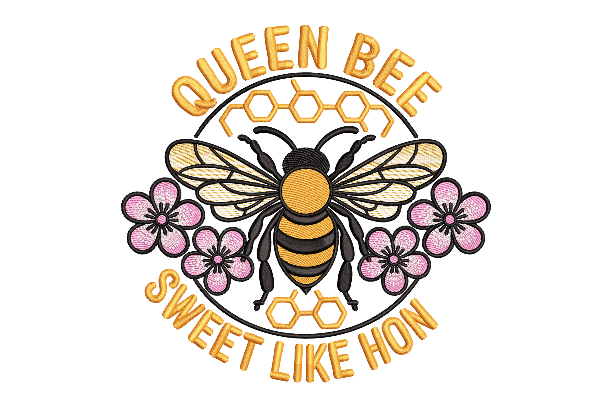 Logo with a bee and flowers, featuring the text 'Queen Bee Sweet Like Honey' embroidery design