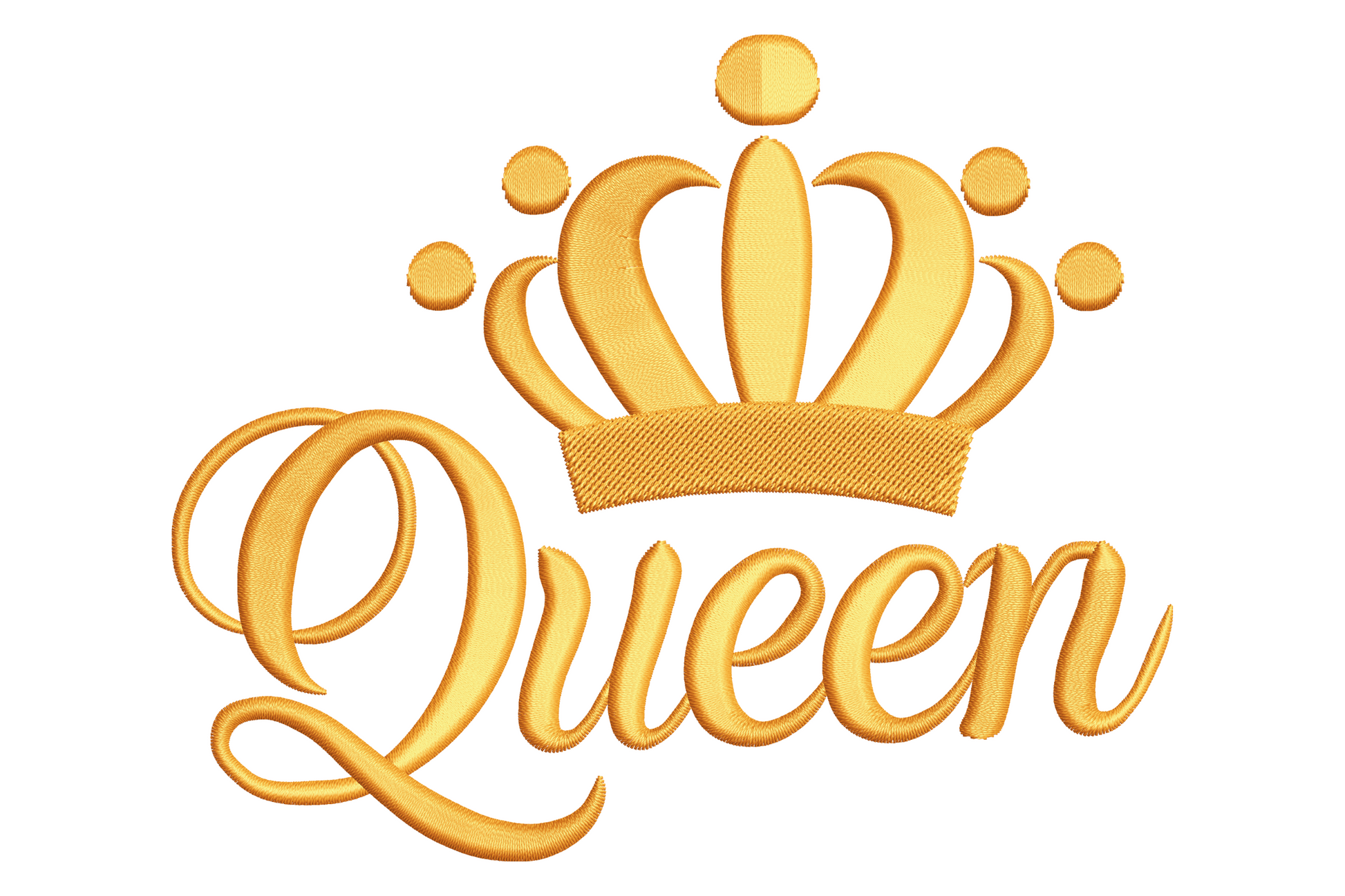 Gold cursive Queen lettering with a five-point royal crown sitting above and small dot accents on the crown points.